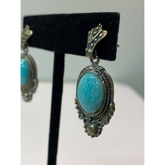 Vintage Sterling Silver Amazonite Gemstone Oval Drop Earrings 925 Ornate Dangle - Picture 4 of 8